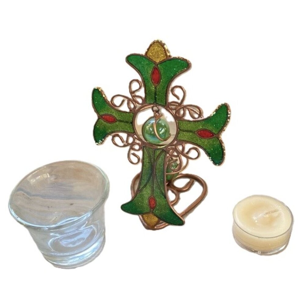 Stained Glass Holy Votive Candle Holder Green Red Yellow Colored Cross 5.5 tall